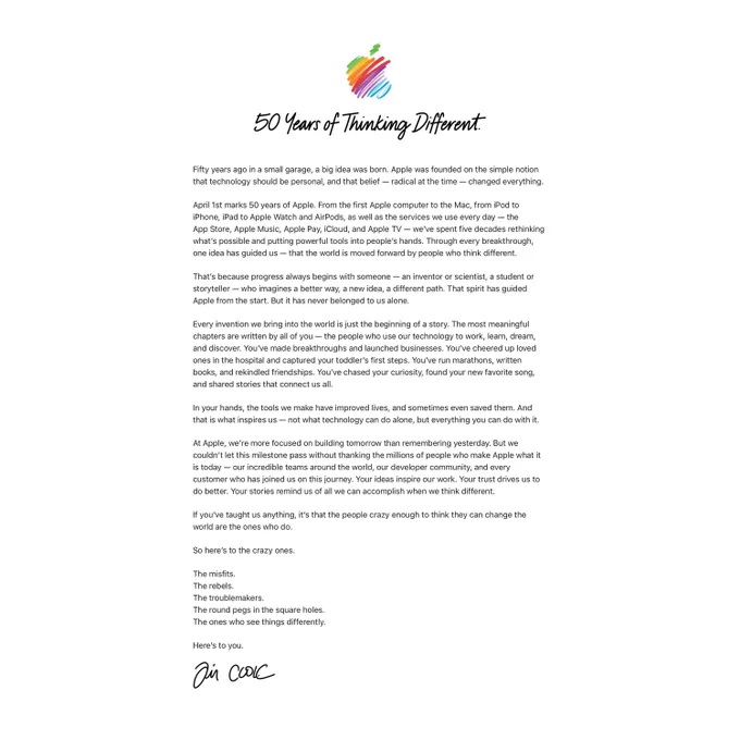 A letter from Tim titled '50 Years of Thinking Different’, celebrating Apple's 50th anniversary on April 1st.