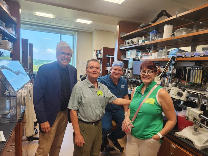 Charles and Sharon Chabal during their visit to the Safar Center for Resuscitation Research. Pictured from left to right: Patrick Kochanek, Director Emeritus, Charles Chabal, Jason Stezoski (senior laboratory technician) and Sharon Chabal. 