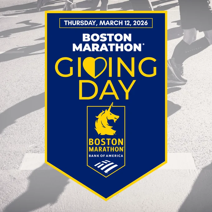 Blue and yellow banner announcing Boston Marathon Giving Day on March 12, 2026, with a unicorn logo and Bank of America branding.