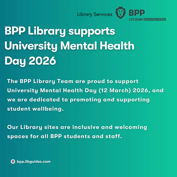 Against  a gradient pale to dark green background, bold white text reads: 'BPP Library supports University Mental Health Day 2026':