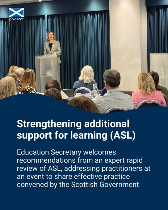 An image of Education Secretary Jenny Gilruth addressing practitioners at an event to share effective practice, with the text: Strengthening additional support for learning (ASL) - Education Secretary welcomes recommendations from an expert rapid review of ASL, addressing practitioners at an event to share effective practice convened by the Scottish Government