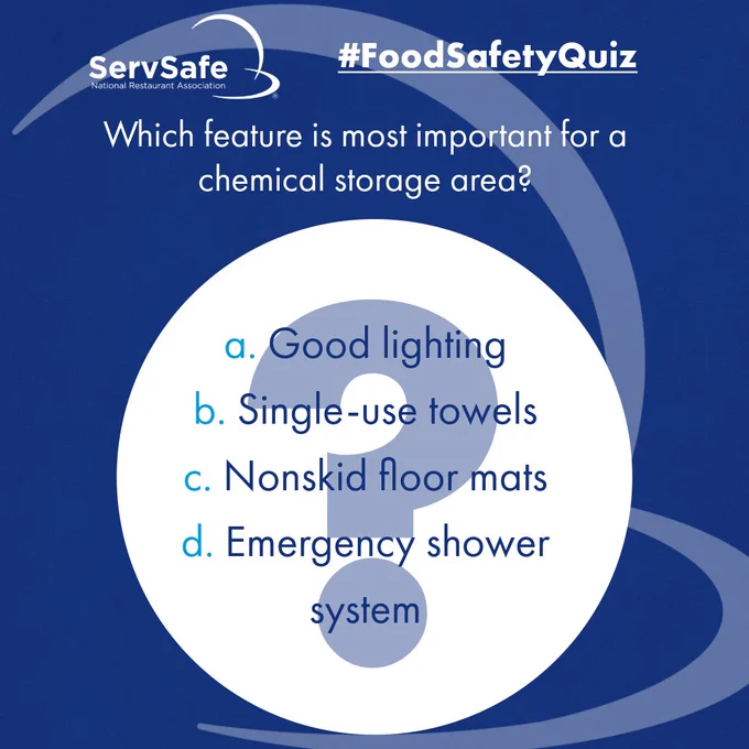 A quiz image from ServSafe titled "Food Safety Quiz" asks, "Which feature is most important for a chemical storage area?" with options: a. Good lighting, b. Single-use towels, c. Nonskid floor mats, d. Emergency shower system.