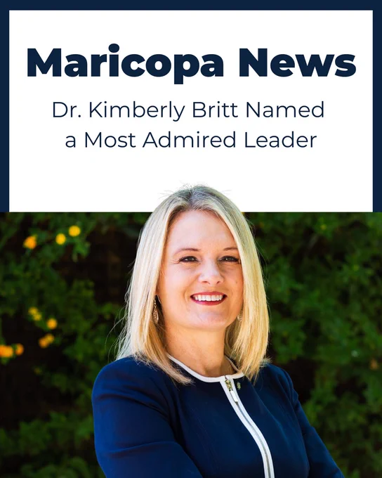 Graphic announcing that Dr. Kimberly Britt was named a most admired leader, accompanied by a portrait of Dr. Britt standing outside in front of a green backdrop wearing a navy jacket.
