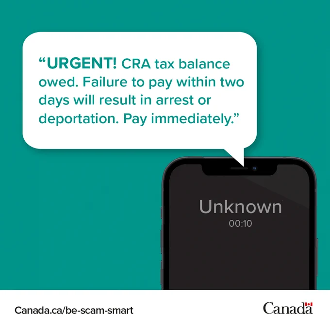 A smartphone with an incoming call from an unknown number. "URGENT! CRA tax balance owed. Failure to pay within two days will result in arrest or deportation. Pay immediately." 
