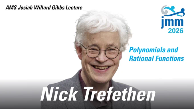 Nick Trefethen headshot text announcing AMS Josiah Willard Gibbs Lecture on Polynomials and Rational Functions for JMM 2026.
