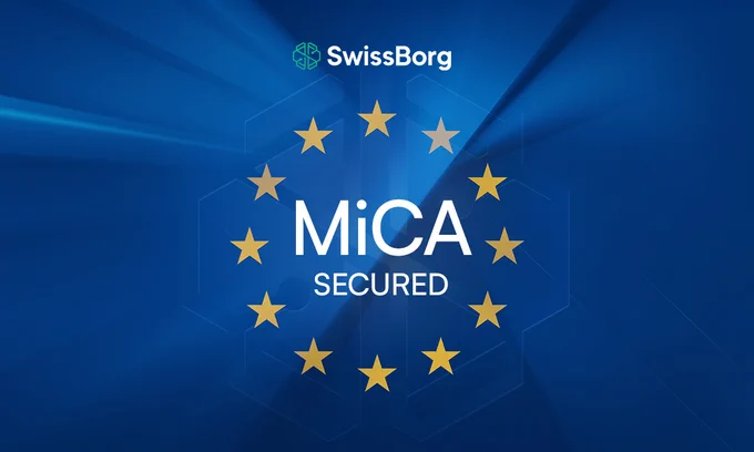 SwissBorg announces MiCA authorisation for crypto-assets in Europe, featuring stars and a blue background.