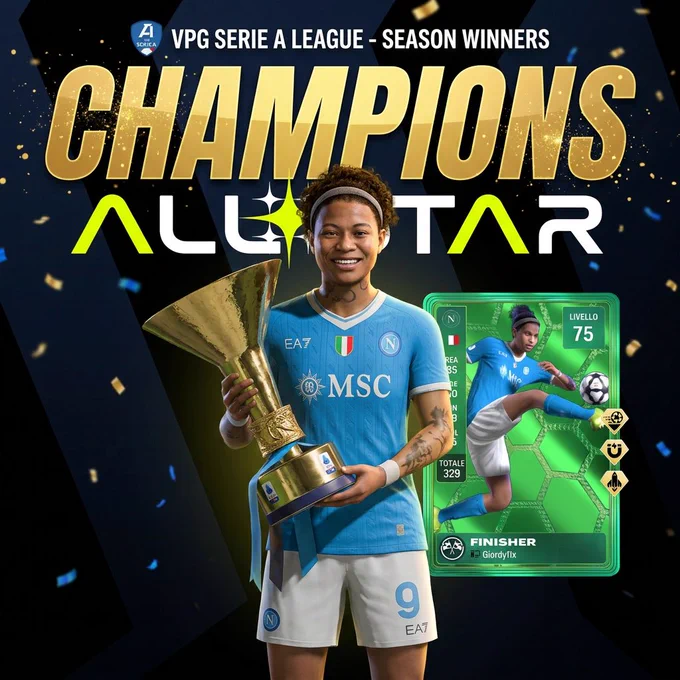 🏆 C H A M P I O N S 🏆

🇮🇹 @FC_ALL_STAR ⭐️⭐️⭐️⭐️
🥇 VINCITORI DI @VPGItaly Serie A! 🇮🇹

💰 $800

📊 Season Stats:
Partite Giocate: 42
Vittorie: 36
Pareggi: 5
Sconfitte: 1

⚽️ Team Record:
Vittorie: 246
Pareggi: 81
Sconfitte: 142

👥 @VPGItaly Serie A Winners 👇
@InsideFrezeer
@DevUG88_
@Ju29r0_
@AleBroti
@Xs3Phir0th
@Giordy_El_Nino
@giuliox007
@The_Dunk3r
@xWARRIORx01
@HITMAN_IIII
@troykistamanda
@Chisato___21
@xWand_MP
@daniveera28
@Stoxinho
@KK_snay
@Shellzz

💻 Team: https://virtualprogaming.com/team/FC-ALL-STAR

#FC26 #Clubs #EAFC #VPG
#WhereTheChampionsPlay