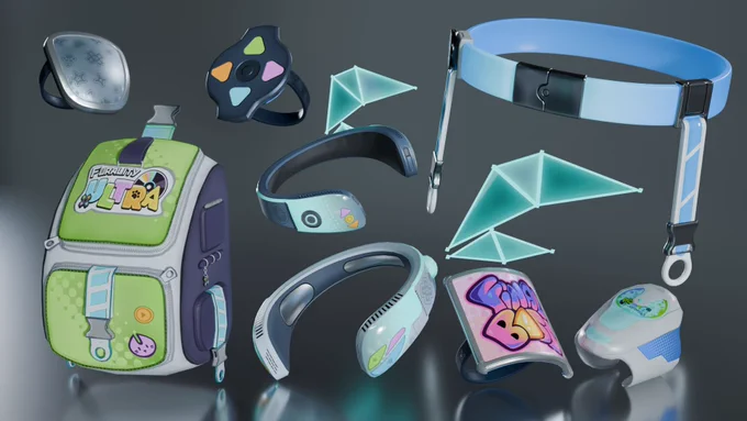 A whole bunch of avatar asset renders in the Furality Ultra mid-2000s inspired aesthetics! We're talking backpacks, belts, straps and buckles. It's all looking lovely.