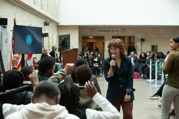 D.C. Bar President Sadina Montani asks 2026 Youth Law participants questions during the event program. 