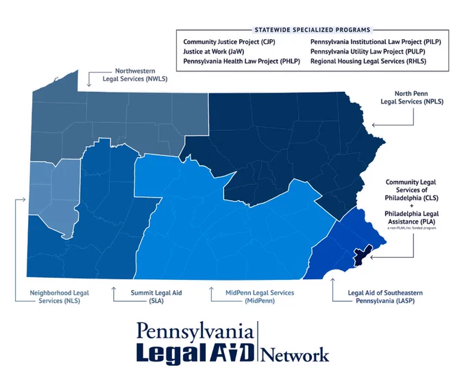Map of Pennsylvania showing the service areas of the legal aid programs that make up the Pennsylvania Legal Aid Network, illustrating that together they serve all 67 counties across the Commonwealth.