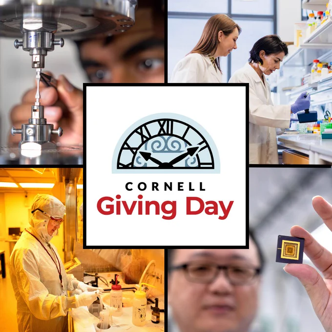 Collage of scientific research activities surrounding a "Cornell Giving Day" logo with a clock icon. Images depict individuals conducting experiments in labs, using equipment, and holding a small electronic component.