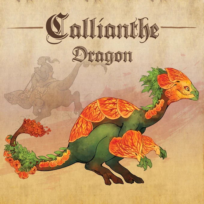 A vibrant Callianthe Dragon with green body and bright orange floral scales and leafy tail against a parchment background.