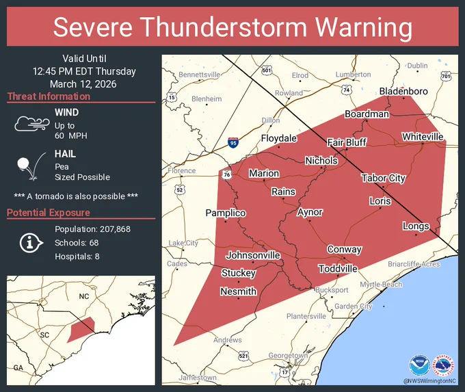 This graphic displays a severe thunderstorm warning plotted on a map. The warning is in effect until 12:45 PM EDT. The warning includes Conway SC, Red Hill SC and Marion SC.  This warning is for Southeastern Robeson County in southeastern North Carolina, Southwestern Bladen County in southeastern North Carolina, Columbus County in southeastern North Carolina, Eastern Florence County in northeastern South Carolina, North central Georgetown County in northeastern South Carolina, Southeastern Dillon County in northeastern South Carolina, Horry County in northeastern South Carolina, Marion County in northeastern South Carolina and Northeastern Williamsburg County in northeastern South Carolina. The threats associated with this warning are wind gusts up to 60 MPH and pea sized hail. There are 207,868 people in the warning along with 68 schools and 8 hospitals.