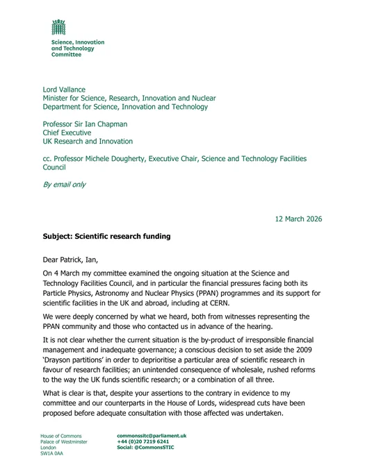 Screenshot of a letter from the science, innovation and technology committee to Lord vallance and Sir Ian Chapman