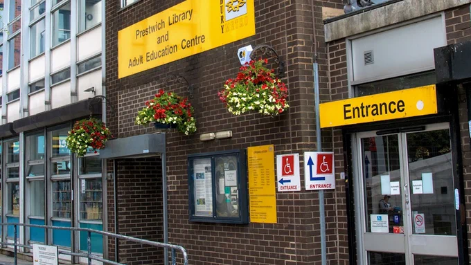 Brick entrance to Prestwich Library.