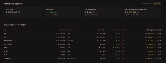 An example exposure page of somehow who is very long BTC, SUI and Commodities