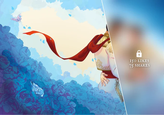 A blurred-out image of the cover art to the Jayvik Wedding Zine. The left two-thirds is clear, revealing a glittering rune hidden in a cascading pile of blue roses. We can also see a glimpse of Jayce's back, with Viktor's hand around his waist. Jayce is wearing a red sash and white charro suit embossed with intricate gold trim.