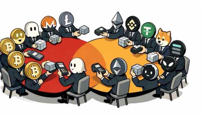 ​"Hoto mai salon zane (cartoon) da ke nuna taron teburin masu ruwa da tsaki a harkar Crypto. Mutane ne sanye da riguna na kwararru (suits), kowannensu yana da alamar wani sanannen kudin crypto (kamar Bitcoin, Ethereum, BNB, da sauransu) a matsayin kai. Suna zaune ne a kusa da wani teburi mai siffar tambarin Mastercard, inda suke amfani da na'urorin biyan kudi (card terminals) da kuma kananan tubalan kudi (blocks), wanda ke nuni da hadin gwiwa tsakanin duniyar Crypto da Mastercard