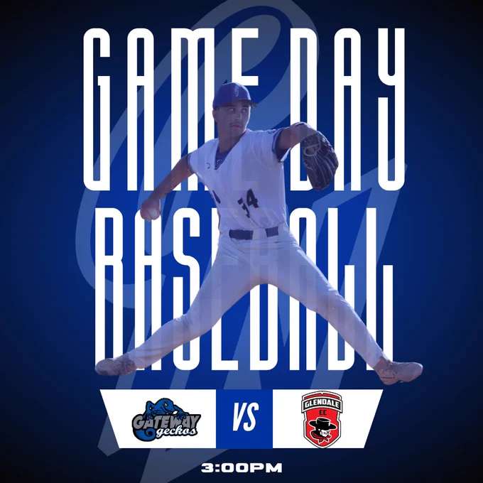 The image is a promotional graphic for a baseball game, featuring a player in mid-pitch. The player is wearing a white baseball uniform with a cap and is positioned prominently in the center. The background is a gradient of blue shades, with the words "GAME DAY BASEBALL" in large, bold white letters vertically overlaid across the image. Below the player, there are two logos for competing teams: "Gateway Geckos" on the left with a stylized gecko image and "Glendale" on the right with a graphic depicting a fierce animal. Between the logos is a "VS" symbol. At the bottom, the text indicates the game time as "3:00PM."