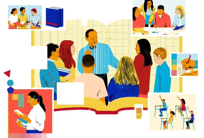 Illustration of various school scenes with teacher and students talking and reading books