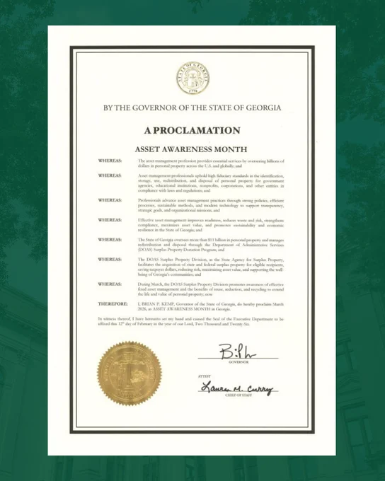 Green background decorative image sits behind the 2026 Asset Month Proclamation signed by Governor Brian P. Kemp.