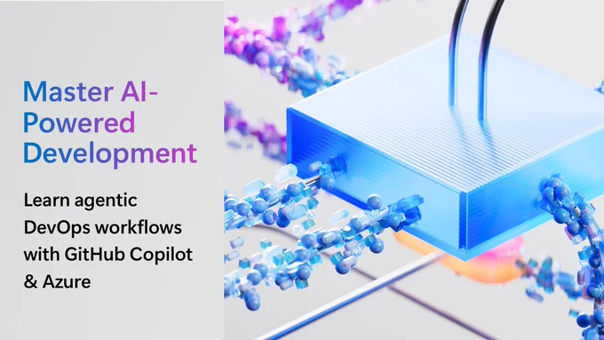 Training graphic titled 'Master AI-Powered Development' for Agentic DevOps with GitHub & Azure, featuring 3D laptop illustration with abstract molecular elements symbolizing AI and connectivity.