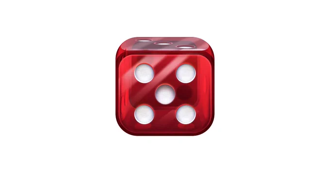 A shiny red die displaying five dots on its face, commonly associated with the game of craps.