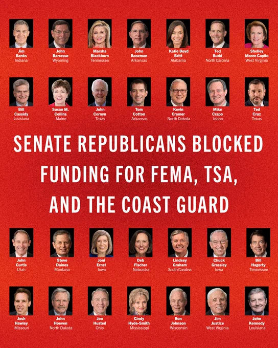 A graphic titled "Senate Republicans blocked funding for FEMA, TSA, and the Coast Guard" with photos of Republicans senators, their names, and the states they represent.