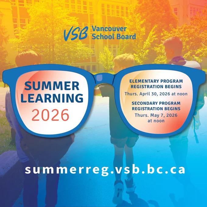 Blue sunglasses graphic with Summer Learning 2026 info and Vancouver School Board logo over children walking outside.