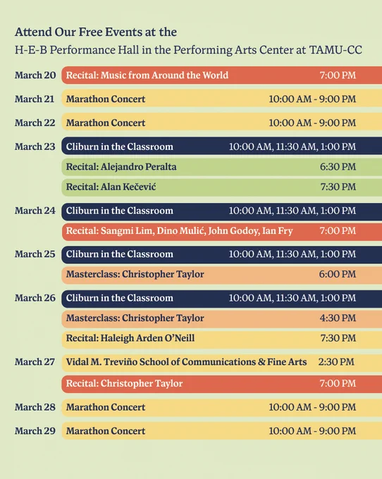 A schedule of free events at the H-E-B Performance Hall, Performing Arts Center at TAMU-CC. Events from March 20-29 .