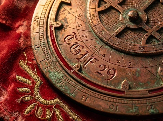 A vintage astrolabe rests on a red velvet surface, displaying intricate markings and the inscription "TGIF 29".