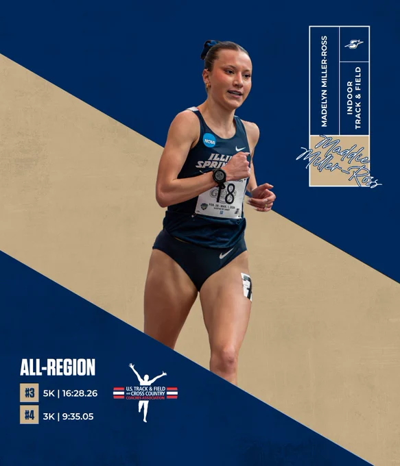 Madelyn Miller-Ross running in a navy Illinois Springs uniform during a track event, All_Region, Madelyn Miller-Ross, #3 5k, 16:28.26. #4 3k, 9:35.05. USTFCCCA