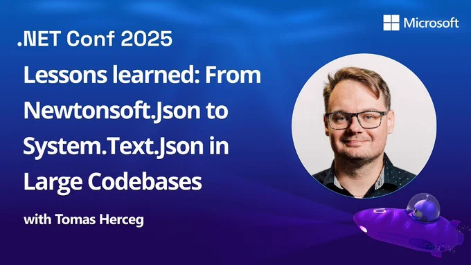 Spot art.
Photo of presenter(s)
text reads: 
Lessons learned From Newtonsoft.Json to System.Text.Json in Large Codebases
