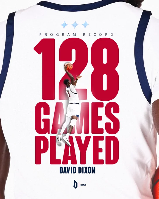 Back of Dave’s jersey with text that reads program record. 128 games played. David Dixon