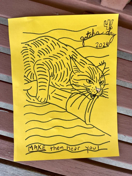 A silly single-color illustration of milkman the cat straddling and sinking his teeth into his dad‘s wrist because there are no more treats. It’s gotcha day!!!