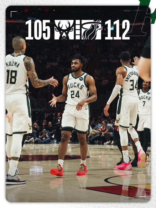 A graphic featuring a photo of Kyle Kuzma, Cam Thomas, and Giannis Antetokounmpo on the court. Text on the graphic reads, "Bucks 105, Heat 112"