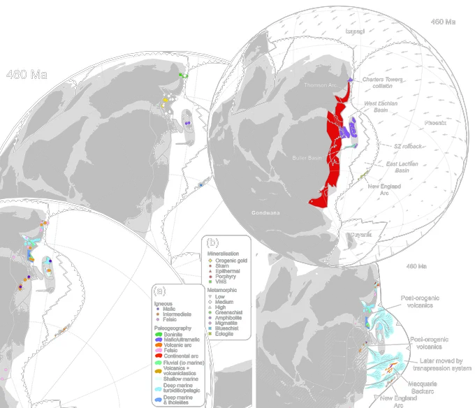 60 Ma snapshot of the preferred Tasmanides reconstruction, displaying input data, plate vectors and event labels and paleogeographic interpretation.