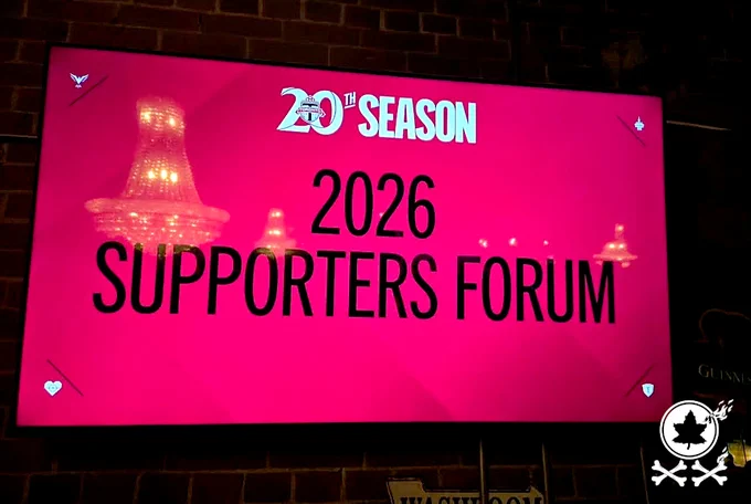 LCD screen with bright red image and text: 20th season: 2026 Supporters Forum. Red Patch 20-year watermark in bottom corner
