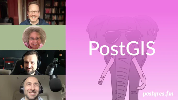 Pictures of Paul, Regina, Nik, and Michael mid-recording, the episode title "PostGIS", against a pink backround with an elephant wearing sunglasses.