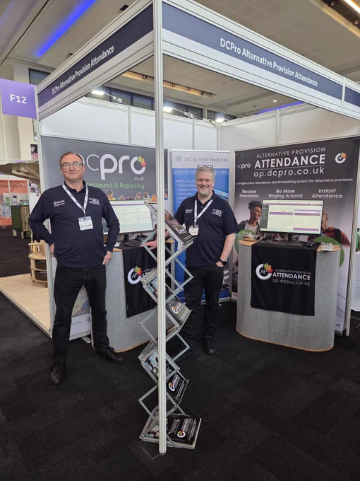 Mark and Paddy at the Tes SEND Show North 2026. Set up at stand F12 and demoing DCPro AP Attendance and DCPro Assessment.