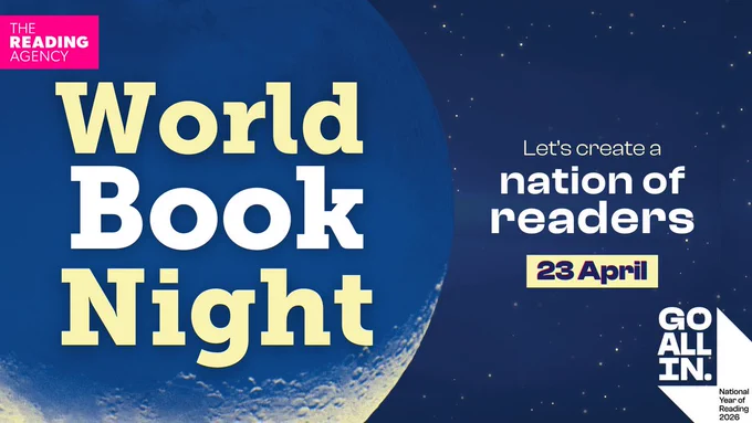 Asset with round moon against a starry sky. Text reads: World Book Night, Let's create a nation of readers. 23 April. The Reading Agency and Go All In logos are in the corners.