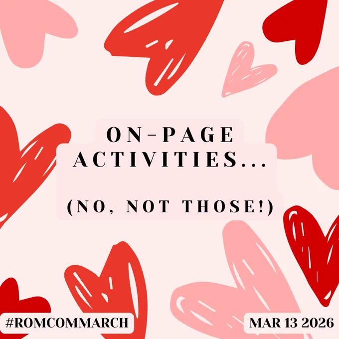 "On-page activities… (No, not those!)" in black uppercase letters. The background is pale pink with red and pink scribbled hearts.