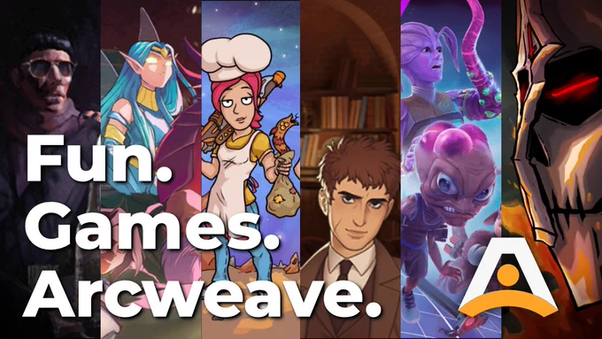 A collage of images from various games written in Arcweave. The title says "Fun. Games. Arcweave." The Arcweave logo is at the bottom right.