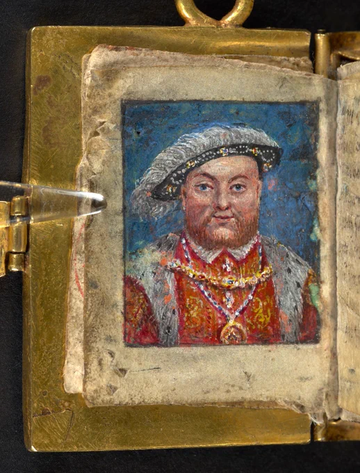 A portrait of Henry VIII from a golden girdle book, containing a copy of the Psalms in English verse. 
