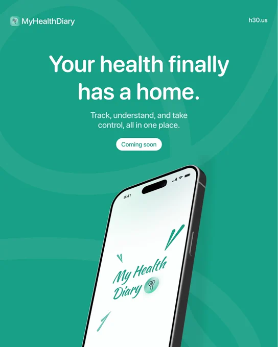 A text graphic with a teal and white background reading: 

Your health shouldn’t be scattered everywhere. 

With MyHealthDiary, track symptoms, vitals and medical records all in one place. 
Coming soon.