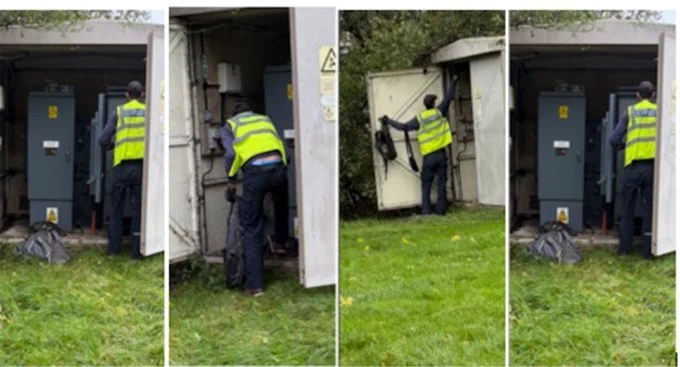 a composite image of a man in a high vis vest near the open door to a substation