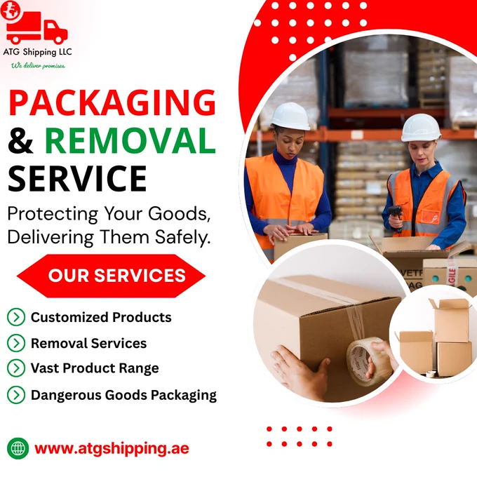 ATG Shipping packaging and removal service post with workers packing boxes in warehouse.