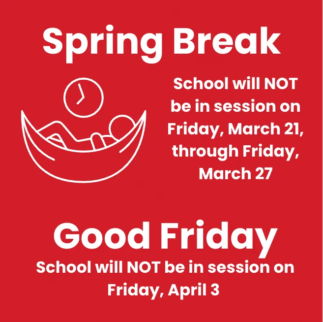 A red school calendar announcing spring break and Good Friday, with text and an image of a sleeping person.