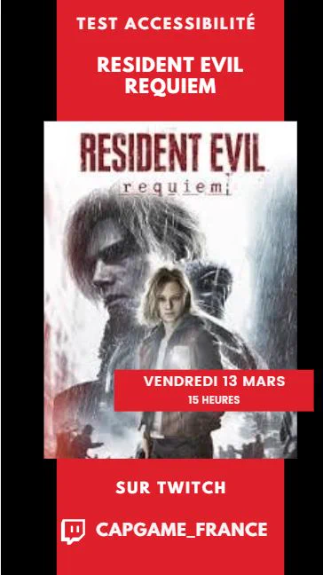 Affiche CapGame annonçant le live de vendredi 13 à 15h sur Resident Evil Requiem sur  la chaine Twitch Capgame_France 