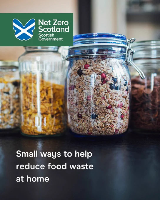 Image of food stored in jars with text that reads "small ways to help reduce food waste at home".